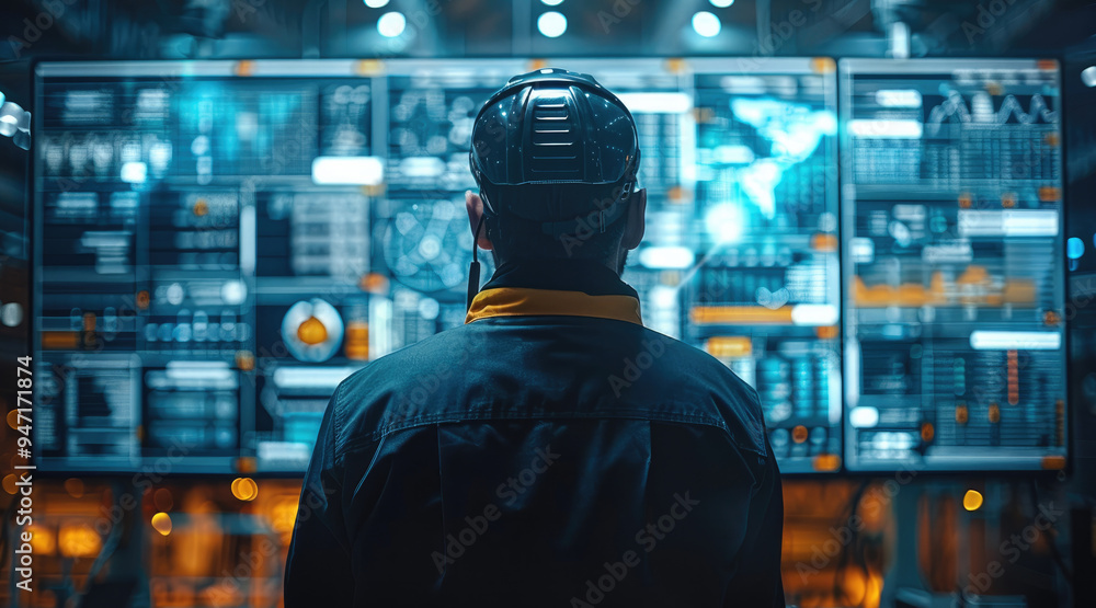 Poster Man working with advanced AI-powered remote monitoring system for industrial operations ensuring safety and efficiency. Generative AI.