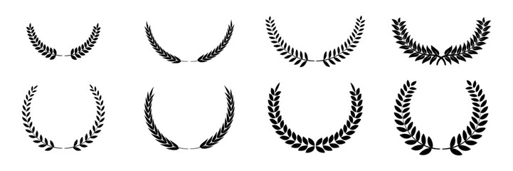 Laurel wreath Set, Black circular laurel olive branches greek wreath ,A winner award of olive leaves, stars of victory symbol, achievement heraldry symbol, vector illustration isolate on white