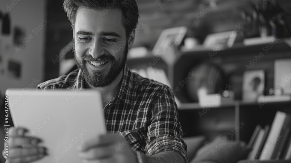 Aufkleber a person smiling while looking at a tablet device