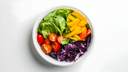 A top-down view of a colorful salad in a white plastic round food container placed on a plain white background