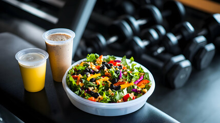 A colorful salad in a white plastic round food container, placed on a gym bench next to a pair of dumbbells and a protein shake