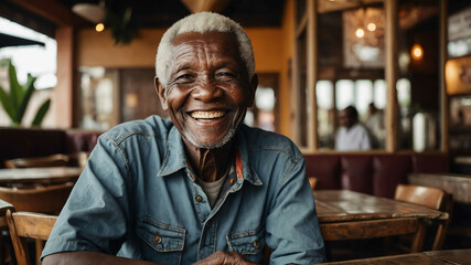 Obraz premium elderly african boy cafe restaurant background portrait