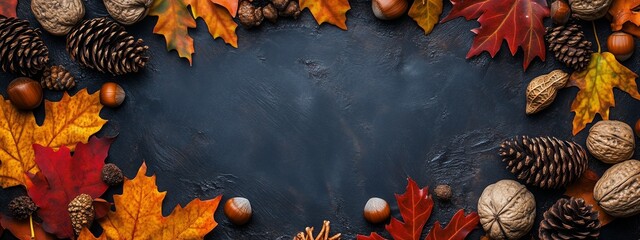 Autumnal arrangement of colorful leaves, pinecones, and nuts on a dark background capturing the essence of fall harvest and nature's bounty