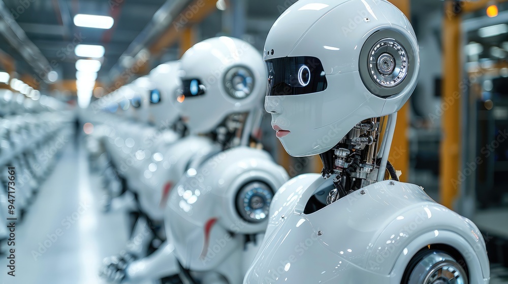 Poster Robots conducting quality assurance checks in a factory. Generative AI.