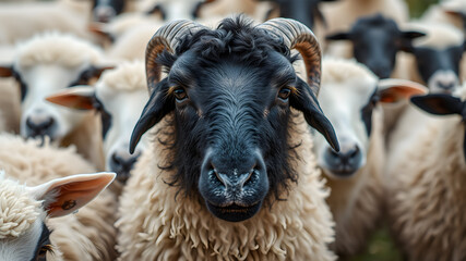 Fototapeta premium Close up of one black sheep between flock of white sheep. Generative AI