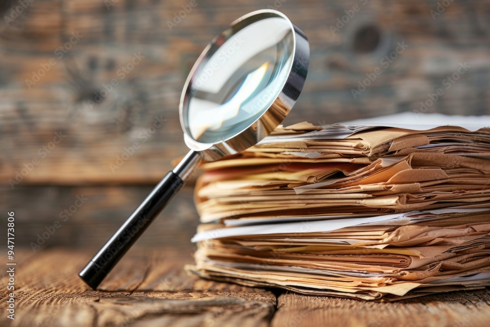 Canvas Prints a stack of papers with a magnifying glass on top, ideal for detective or research scenes