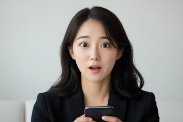 Korean business woman with surprised expression while holding a  cell phone