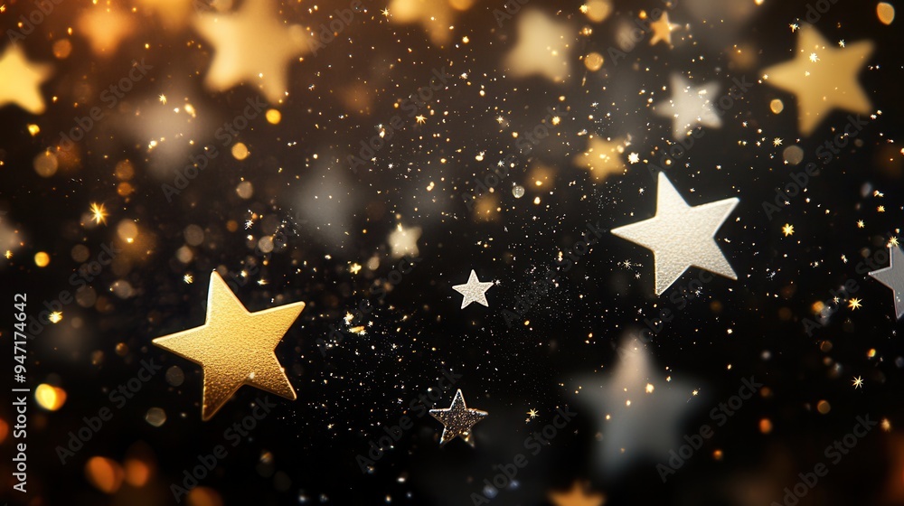 Aufkleber Abstract stars in various sizes glimmer softly in shades of gold and silver, creating a magical and enchanting nighttime atmosphere. Generative AI