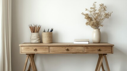 Stationery items are placed on modern wooden tabletops with a white wall background, presenting a clean and minimalist workspace layout that is perfect for office or home work environments.