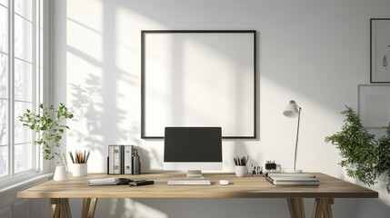 Stationery items are placed on modern wooden tabletops with a white wall background, presenting a clean and minimalist workspace layout that is perfect for office or home work environments.