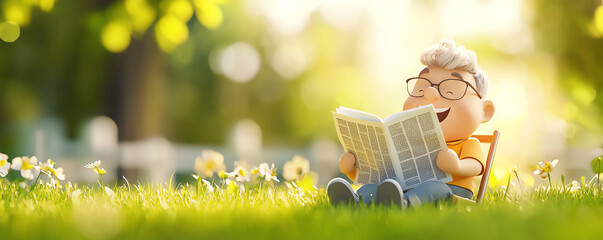 A cheerful character reading a newspaper in a sunlit park, surrounded by lush greenery and colorful flowers, conveying relaxation.