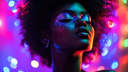 Naklejka premium A vibrant, colorful portrait of a woman with glitter makeup and an afro, set against a neon, bokeh background.