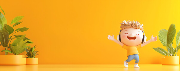 Fototapeta premium A cheerful child enjoys music in a bright, sunny atmosphere, surrounded by vibrant plants and a yellow backdrop.