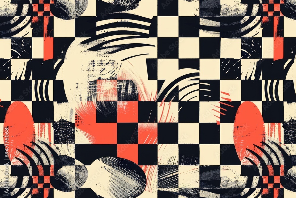 Poster A black and white checkered pattern with red accents, useful for background or design elements