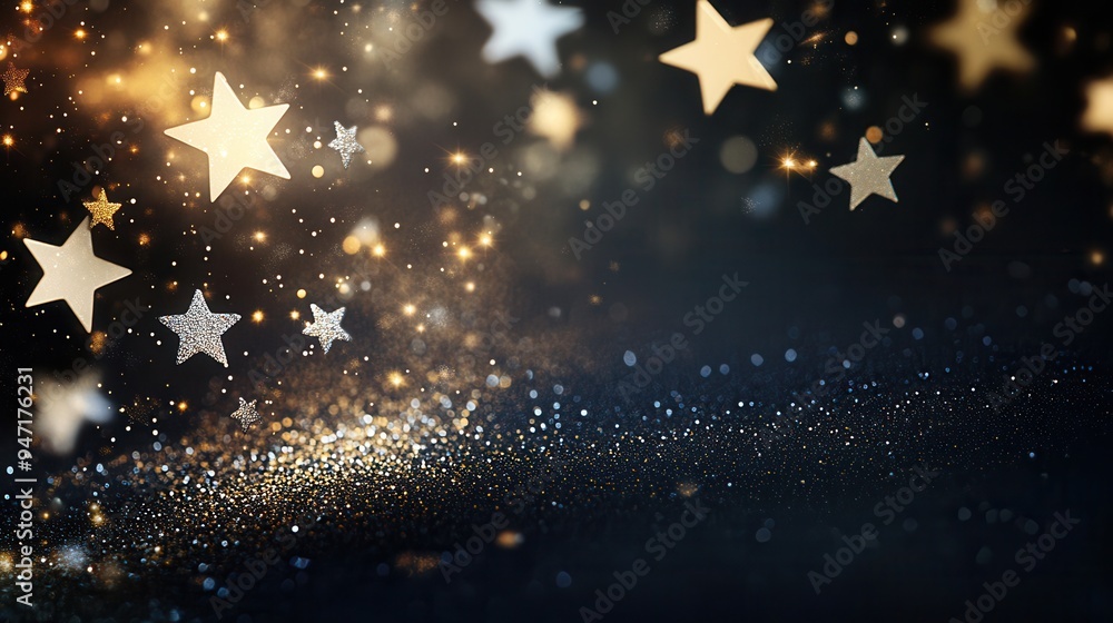 Poster gold stars of varied sizes shimmer softly against a dark background, creating a captivating and tran