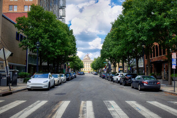A nice street view of the capital building on Fayetteville Street in the city of Raleigh, North Carolina in HDR.