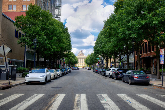 A nice street view of the capital building on Fayetteville Street in the city of Raleigh, North Carolina in HDR.