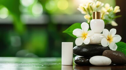 Spa treatment with candles, stones, and flowers.