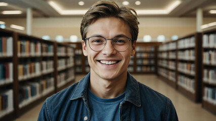 middleaged caucasian boy public library background portrait