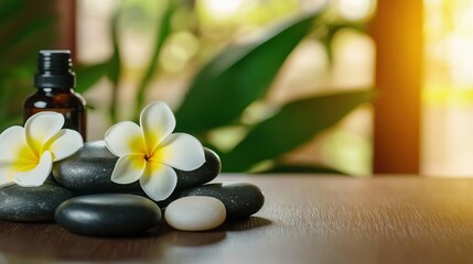 Spa stones, plumeria flower, and lit candle on wooden surface with candlelight background.