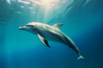 Obraz premium Dolphin Swimming Underwater with Sunlight Rays