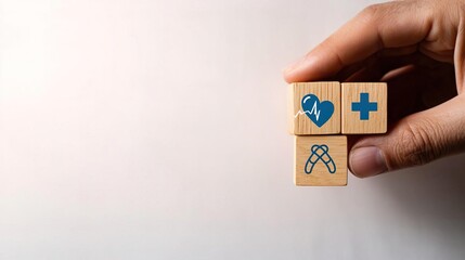 Hand holding wooden blocks with health symbols: heart, plus, and ribbon.