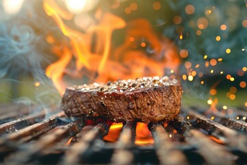 Juicy steak on a flaming grill with spices, ideal for BBQ, cooking, and grilling themes. Captures the essence of outdoor cooking.