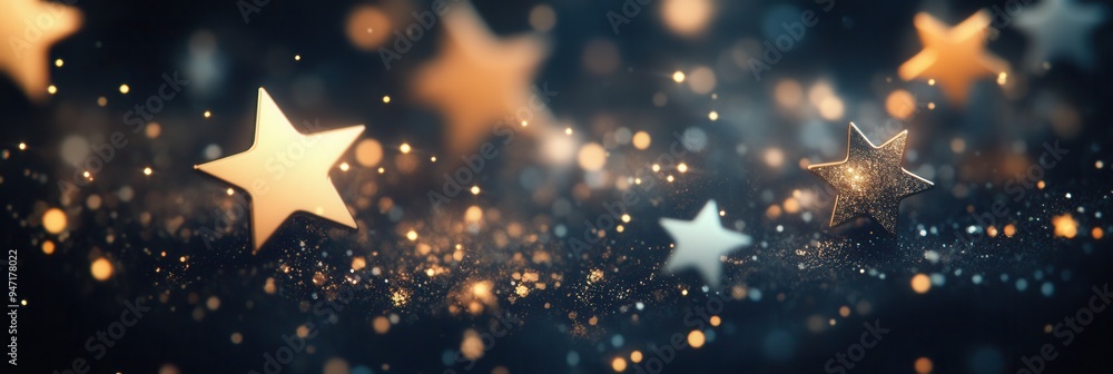 Poster A variety of gold stars sparkle against a dark backdrop, creating a calming and minimalist ambiance perfect for inspiration and creativity. Generative AI