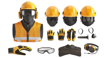 Safety equipment helmet, goggles, ear protection, vest and gloves isolated on white background