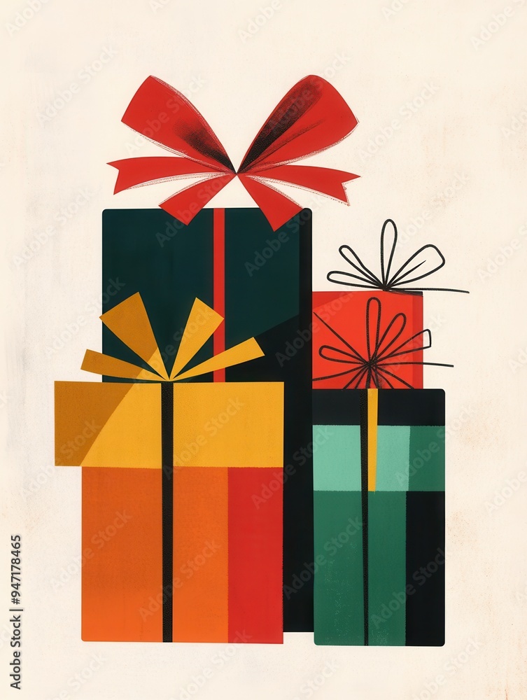 Poster these christmas gift boxes are styled in geometric shapes, adorned with vibrant ribbons and bows, cr
