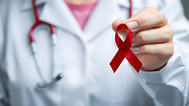 Close up of red AIDS awareness ribbon held by doctor's hand. Generative AI