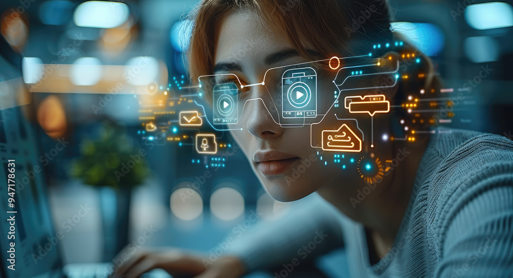 Poster In the office, a project manager is working on a computer. On a laptop, augmented reality icons appear for social media. Things connected to the Internet. Generative AI.
