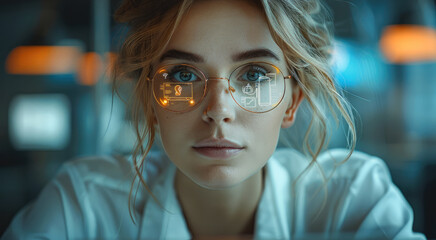 In the office, a project manager is working on a computer. On a laptop, augmented reality icons appear for social media. Things connected to the Internet. Generative AI.