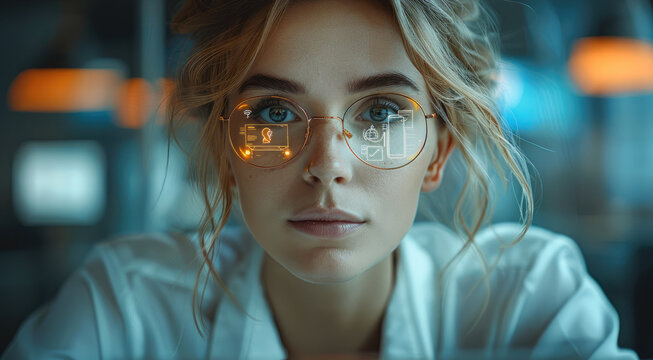 In the office, a project manager is working on a computer. On a laptop, augmented reality icons appear for social media. Things connected to the Internet. Generative AI.