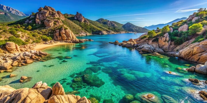 Beautiful cove with turquoise water surrounded by rocky cliffs in Propriano, Corsica, Corsica, Propriano, cove