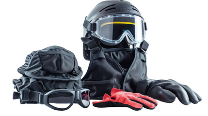 Safety equipment helmet, goggles, ear protection, vest and gloves isolated on white background