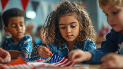 A vibrant classroom scene shows children of diverse backgrounds engaged in a craft activity, making American flags and learning about the significance of USA Patriot Day