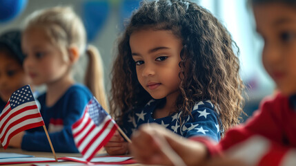 A vibrant classroom scene shows children of diverse backgrounds engaged in a craft activity, making American flags and learning about the significance of USA Patriot Day