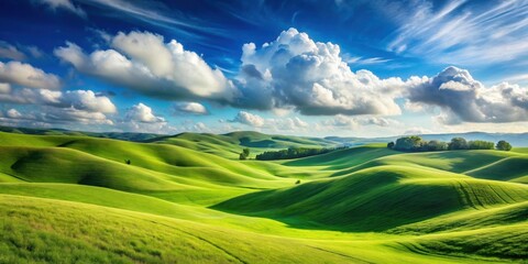Obraz premium Rolling green hills under blue sky with wispy clouds , picturesque, landscape, nature, countryside, scenic, greenery, grass