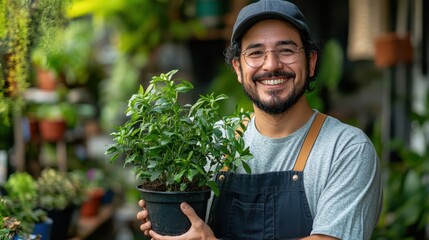 Portrait of a happy man holding a potted plant, soft bokeh background with lush greenery