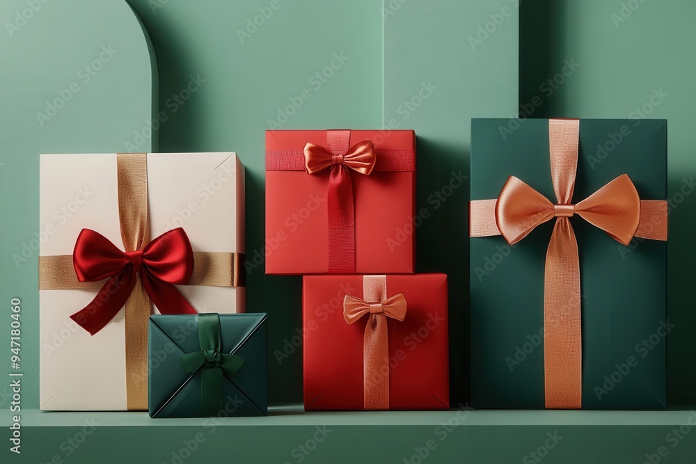 Poster brightly wrapped minimalist christmas gift boxes in geometric shapes are adorned with colorful ribbo