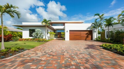 Modern White House with Brick Driveway and Palm Trees