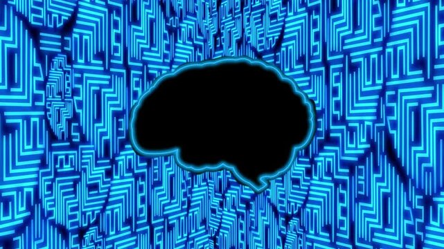animation of brain silhouette on neon circuits background, futuristic, technology, artificial intelligence
