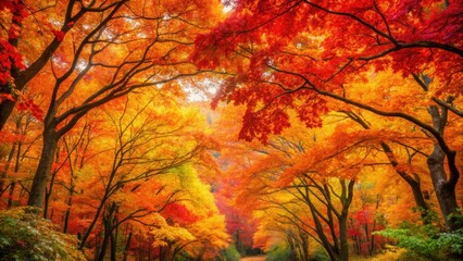 Vibrant hues of red, orange, and yellow leaves create a beautiful autumn forest canopy, Autumn, forest, canopy, foliage, leaves