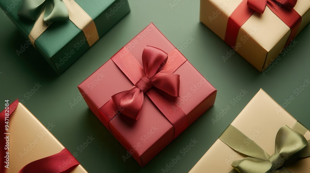 Poster colorful gift boxes in geometric shapes feature vibrant ribbons and bows, creating a modern festive 