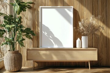 Poster Frame Mockup on Wooden Interior Background created with Generative AI