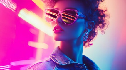 Futuristic fashion portrait with neon lights, featuring a stylish model in vibrant sunglasses and denim jacket. Expressive and colorful urban style.