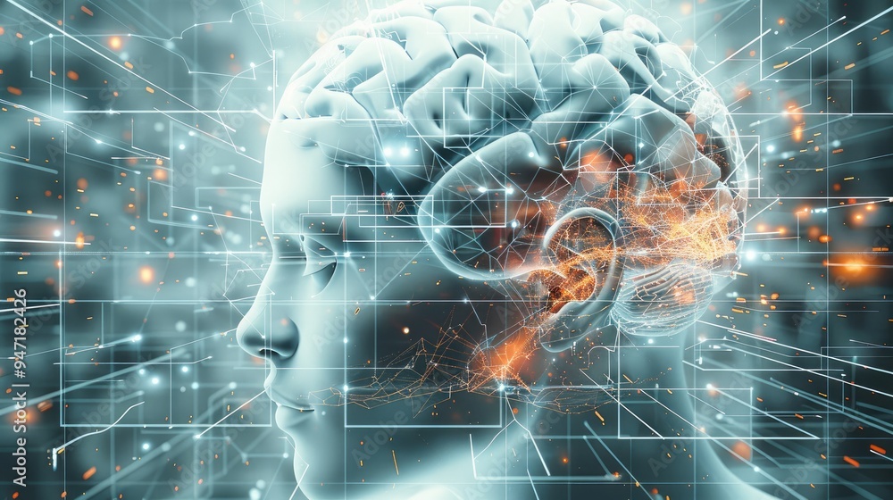 Poster An abstract composition of geometric shapes and lines, with a central AI brain symbolizing the complexity and intelligence of artificial system. Generative AI.