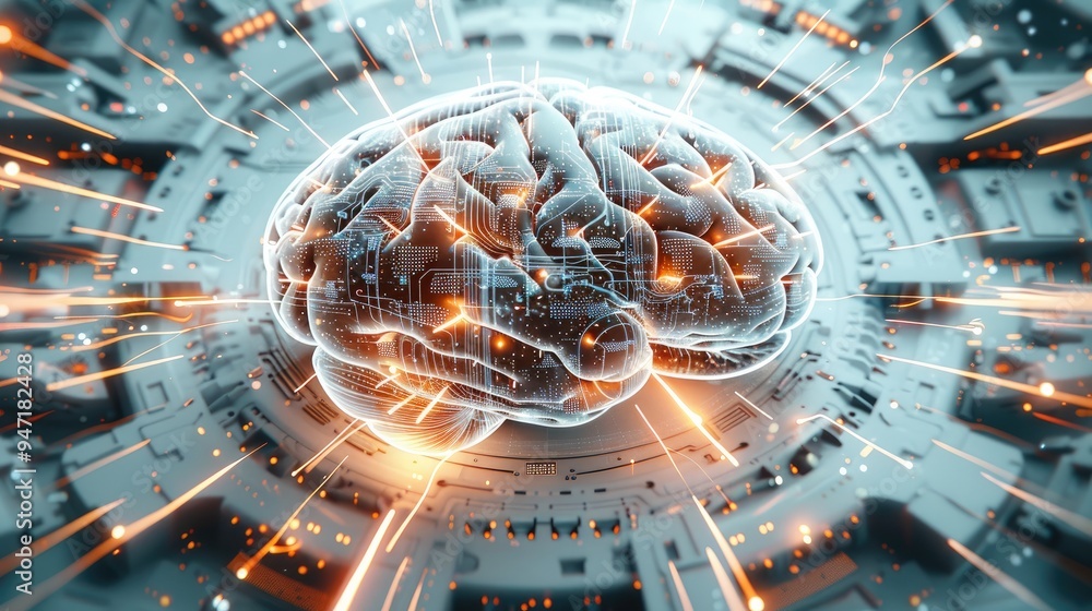 Poster An abstract composition of geometric shapes and lines, with a central AI brain symbolizing the complexity and intelligence of artificial system. Generative AI.