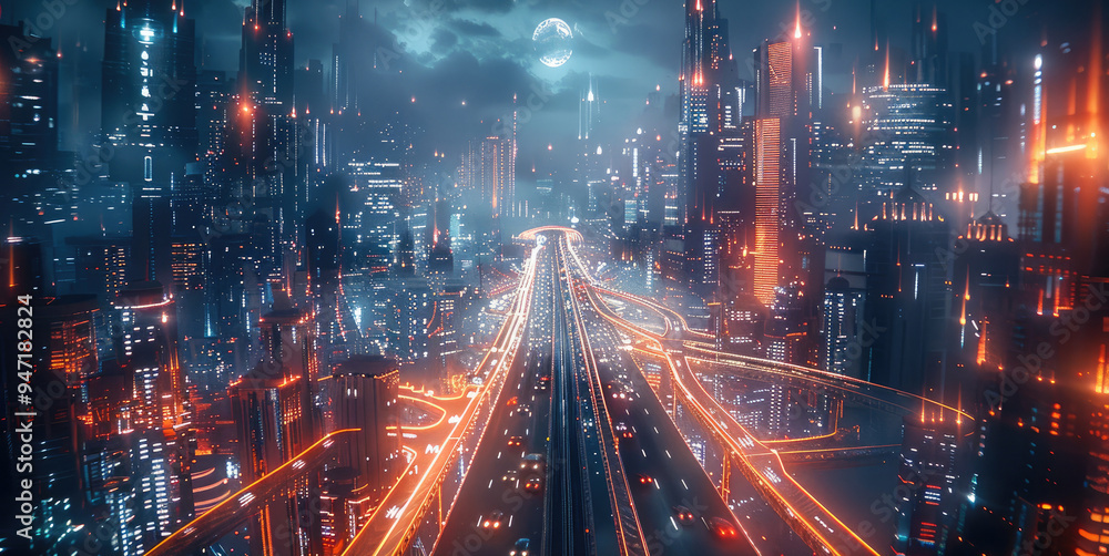 Poster a futuristic city with towering skyscrapers, neon lights, and floating holograms in the sky. the cit